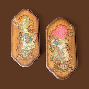 Vintage Wooden Wall Art Holly Hobbie Decoupage Picture Plaques, set of two